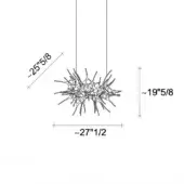 Linear chandelier, black line drawing, radial design with central sphere and curved rods, 27.5x19.5x25.5 inches.