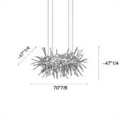 Linear chandelier, metal construction, 70.8" wide, features radiating rods and spherical elements in a stylized dragon form, technical line drawing.