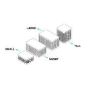 Demetra basket set of four woven rectangular storage baskets in light natural material, labeled with size indicators: large, small, short, tall.