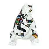Seated bear sculpture, white ceramic, abstract Miro-style painting in black, red, yellow, blue, and green with geometric and organic shapes.