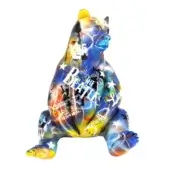 Bear sculpture, resin with graffiti style, blue base with colorful text “THE BEATLES”, starbursts, and legal markings covering the form.