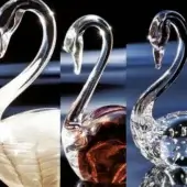 Glass swan figurines, clear and white, with textured bodies and curved necks, displayed as studio art against a dark backdrop.