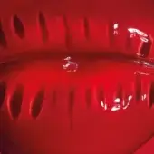 Stylized red texture with vertical indentations resembling lips, glossy finish, droplet detail, studio lighting, and repeating pattern.