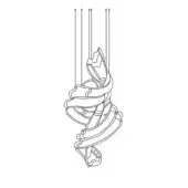 Abstract line drawing of layered, curved shapes in black on white, with five vertical suspension lines, creating a minimalist, organic composition.