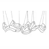 Linear lighting fixture, metal, two undulating ribbon forms suspended by wires, wave-like pattern with etched parallel lines, sculptural design.