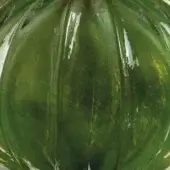 Green and gold glass cactus sculpture, spherical form with vertical ridges, glossy finish, studio lighting, neutral backdrop.