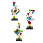 Juliarte "baila" sculptures, aluci finish, stylized female figures with geometric patterns in red, blue, green, yellow, and white on black bases.