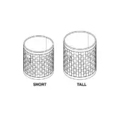 Woven cylindrical baskets, labeled “short” and “tall”, feature rectangular block patterns and cutout face details against a white backdrop.