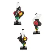 Juliarte "Baila" sculptures, white resin with colorful pop art designs, curvaceous figures on black bases.