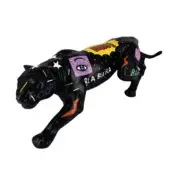 Panther sculpture, colorful collage, dynamic pose; Juliarte “Panther Sculpture Special Edition Pat Pop” features graphics, text, glossy finish.