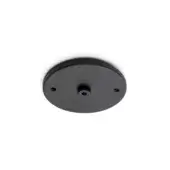 Black metal canopy, circular shape, matte finish with central threaded hole and three perimeter openings for ceiling mount lighting.