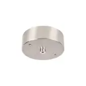 Brushed nickel canopy, cylindrical shape, flat circular top, recessed center, threaded pipe, three screw holes, minimalist design.