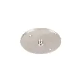 Brushed nickel canopy, circular shape, recessed screws, threaded hole, consistent sheen, plain white background, functional ceiling mount.