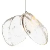 Glass sculpture, clear with amber tint, featuring two connected organic bulbous forms suspended by a silver wire.