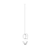Line drawing of a hanging mobile with peach-shaped forms, featuring a vertical line and minimalist aesthetic on a white background.