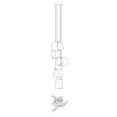 Chandelier line drawing, clear acrylic elements, multi-tiered design with oval and abstract shapes suspended from thin cables.