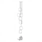 Chandelier line drawing, black and white, abstract sculptural forms suspended from ceiling mount with thin wires, varying sizes.