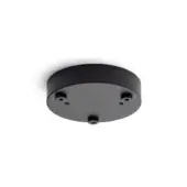 Black metal canopy, circular shape, matte finish, symmetrical threaded holes underside for pendant light fixture support, studio shot.