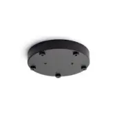 Black metal canopy for pendant lighting, circular shape with six threaded sockets evenly spaced around the underside and small holes on top.
