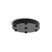 Black pendant light canopy, circular matte finish, eight cylindrical sockets evenly spaced around perimeter for hanging fixtures.