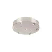 Brushed nickel round canopy for pendant lights features eight threaded posts, a flat circular shape, and a subtle textured finish on a white background.