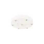 White round canopy fixture with eight brushed brass receptacles evenly spaced around a central receptacle, matte finish.