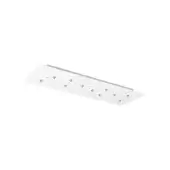 Lighting canopy, white metal, rectangular shape with brushed trim and circular silver fixtures, minimalist modern design, studio shot.