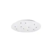 White round canopy fixture, polished metal construction, sixteen evenly spaced mounting points for multi-pendant lighting, minimalist design.