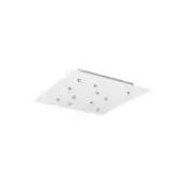 White square canopy fixture with brushed metal finish and recessed lights in a grid pattern, studio shot.