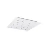 White square canopy fixture with twenty-two cylindrical pendant lights in a grid, matte finish, downward-facing shades, studio lighting.
