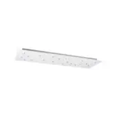 White rectangular canopy with recessed design and evenly spaced holes, constructed from matte metal, studio shot.