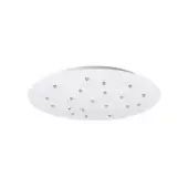Chrome shower canopy, circular design with twenty-four nozzles arranged in a grid pattern, polished metal finish, studio product shot.