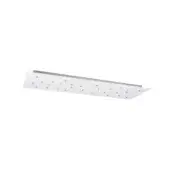 Shower canopy brushed stainless steel horizontal rectangle with angled front and circular openings for showerheads on a white background.