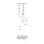 Chandelier line drawing, black cables suspend asymmetrical organic forms, rectangular mount, detailed component box below, technical schematic.