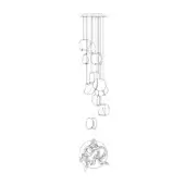 Chandelier line drawing, metal wires, random round configuration with cascading organic forms and a rectangular ceiling mount.
