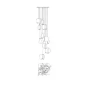 Chandelier line drawing, metal wire construction, multi-tiered with cascading rounded forms and square base frame, technical schematic style.