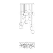 Chandelier line drawing, metal cables, cascading organic forms in tiered rectangular configuration, detailed inset view, white background.