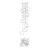 Chandelier technical drawing, random square configuration, cascading glass elements suspended from a ceiling mount with interwoven metal structure.