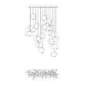 Chandelier, line drawing, cascading arrangement of flattened petal shapes suspended from a rectangular mount, random rectangular configuration.