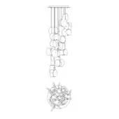 Chandelier line drawing, random round configuration, cascading tiers of clustered forms with branching base, black on white.