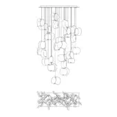 Chandelier line drawing, black on white, cascading tiers of asymmetrical petal shapes above a rectangular grid of organic forms.