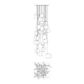 Chandelier, metal wire, asymmetrical design with cascading rounded elements in a random square configuration, white background, inset detail.