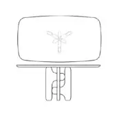 Barrel top table, black line drawing, rectangular top with rounded corners featuring centered dragonfly illustration and geometric pedestal base.