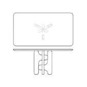 Dragonfly line drawing on black rectangular screen, supported by black metal “R” shaped stand, minimalist graphic design, white background.