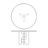 Table with black wireframe base, circular top, technical drawing style, labeled “round top – one base – clifford”, white background.