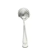 Silver bread tongs with scalloped bowl and curved handle, featuring a heart detail, polished reflective finish, studio shot.