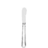 Silver butter knife, rectangular blade, fluted handle with scalloped end, polished reflective surface, white background.