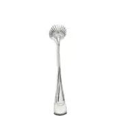 Silver ice tongs with ornate fan-shaped heads and slender, tapered handles, displayed on a white background with polished reflective finish.