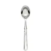 Silver ice cream spoon with polished rounded bowl and ribbed elongated handle, studio shot on white background.