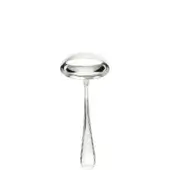 Silver sauce ladle, polished finish, heart-shaped finial, slender curved handle, shallow bowl, classic elegant design, white background.